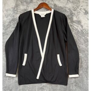 Misook Cardigan Womens Medium Black Signature Knit Open Front Contrast Trim